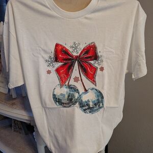 Gildan White Tee with Red Bow and Silver Ornament Design